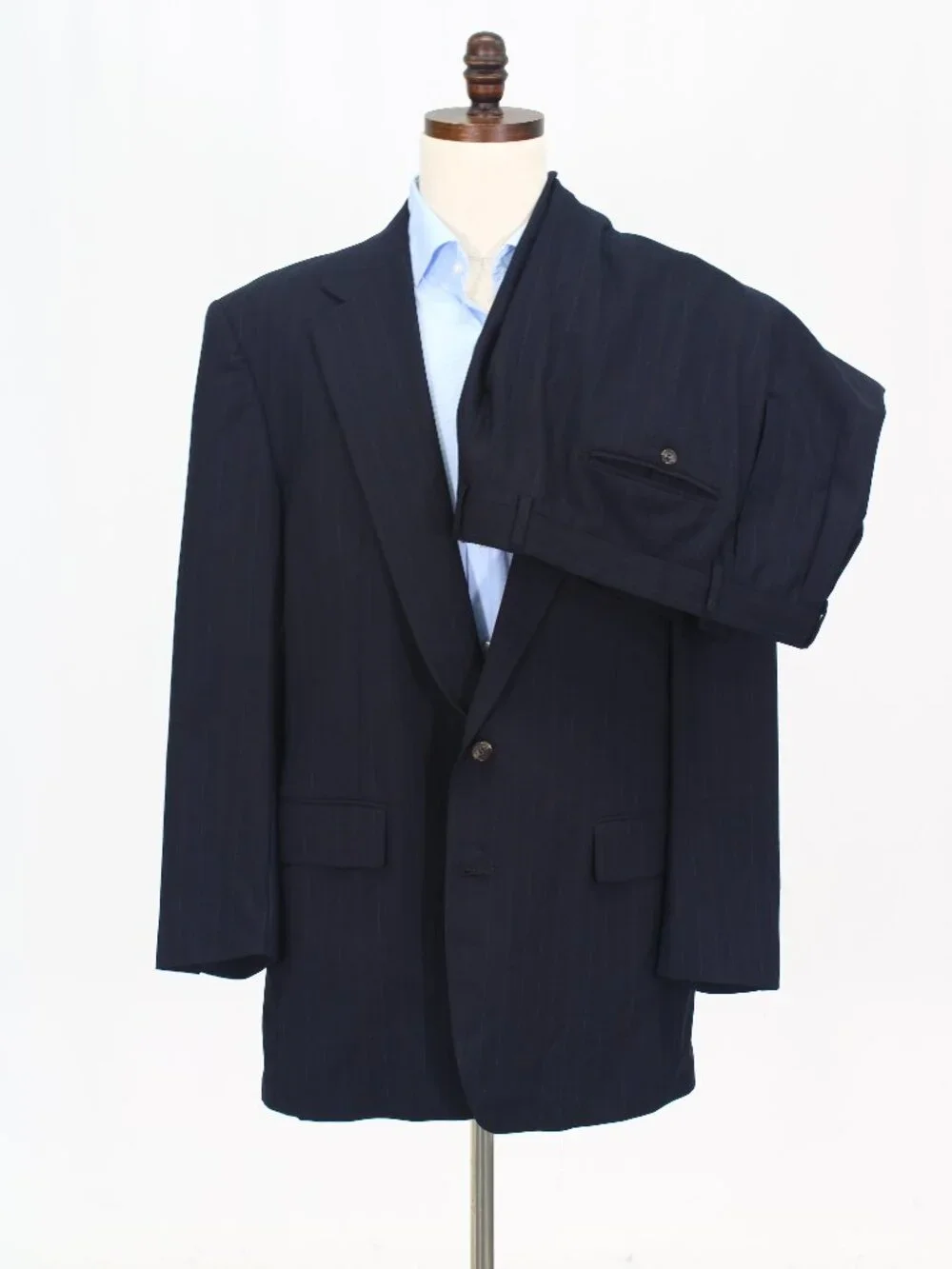 Vintage 1990s 46R 38x31 Navy Full Suit 2-Button Stripe R945